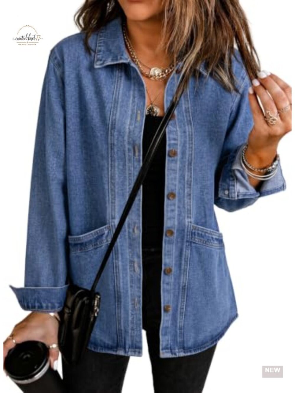 Denim Jacket Oversized Womens Jean Shacket Cotton Blend Button Down Coat